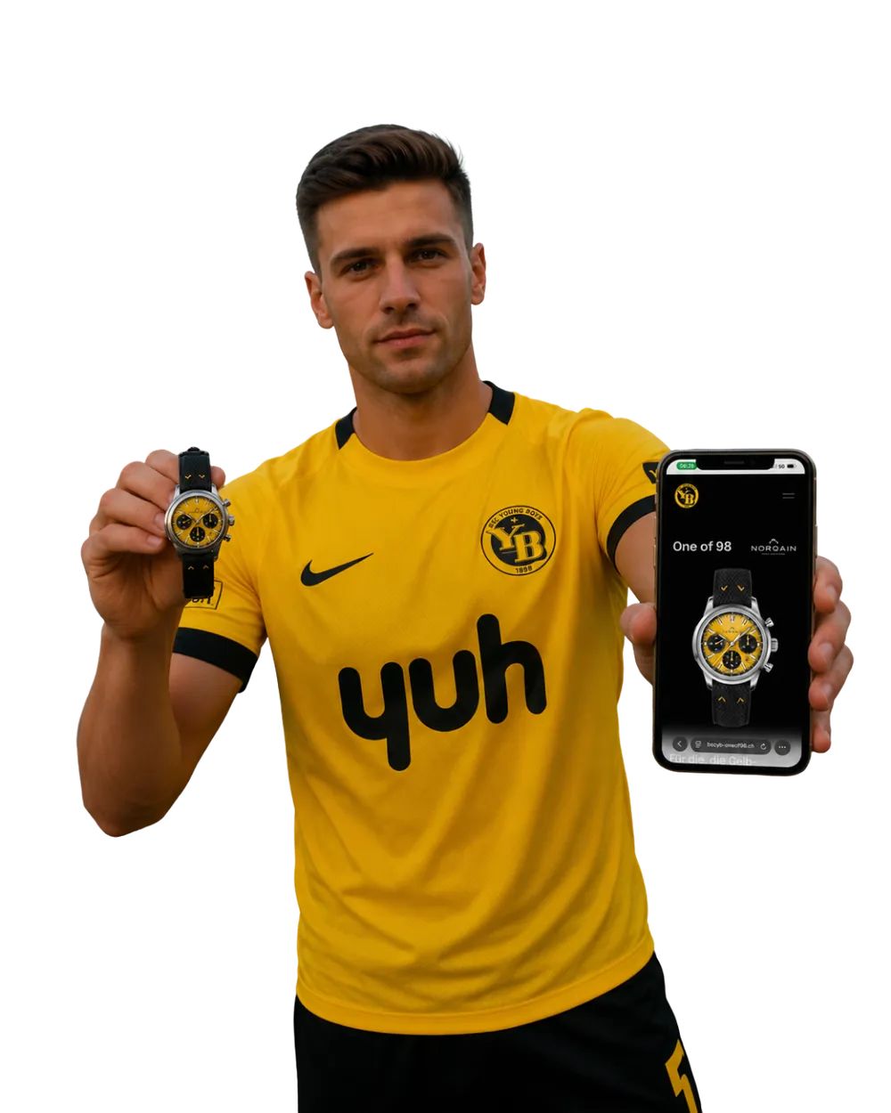 BSC YB One of 98 – Fan mit Uhr und Handy zeigt die Website